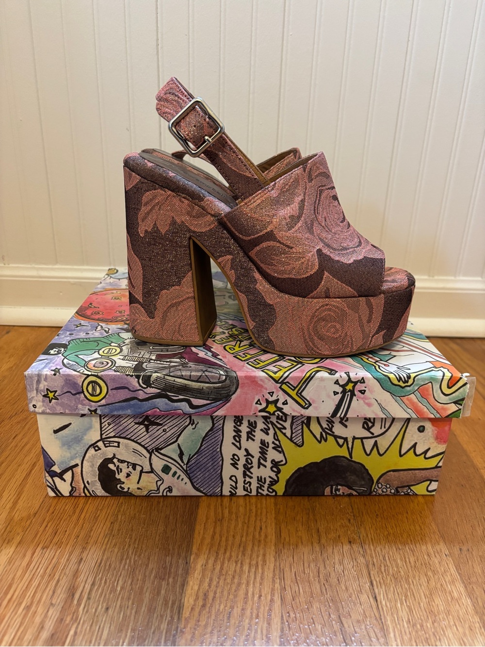 Jeffrey Campbell Mattix Pink Rose Gold Jacquard Platform Slingbacks